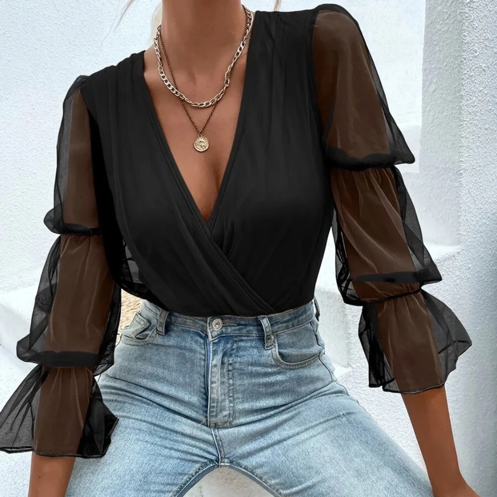 Tops | Luxe Sheer Ruffle Sleeve Surplice Bodysuit | Poshmark